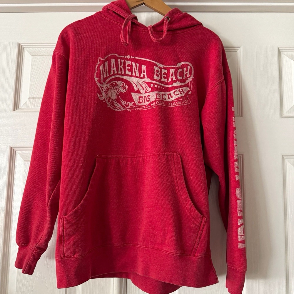 Makena Beach Maui Hawaii Hoodie Mens Medium Red Graphic Pullover Spellout Sleeve
